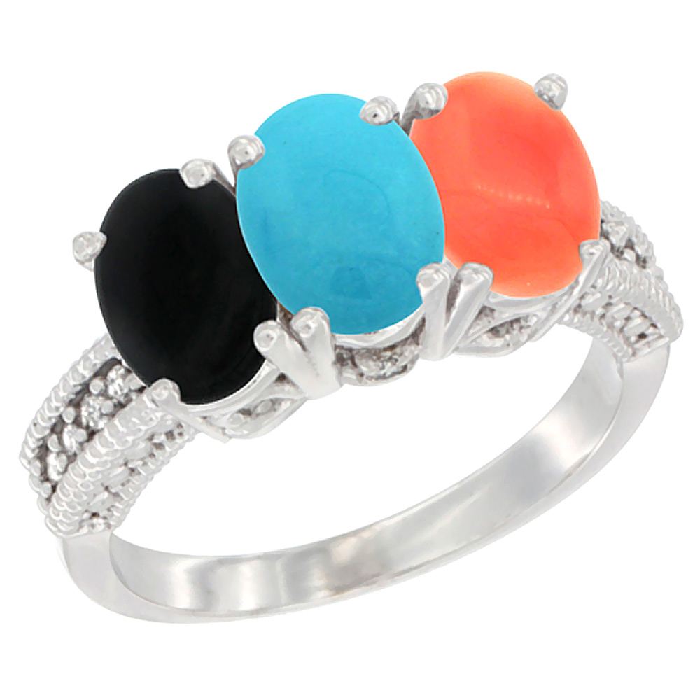 14K White Gold Natural Black Onyx, Turquoise & Coral Ring 3-Stone 7x5 mm Oval Diamond Accent, sizes 5 - 10