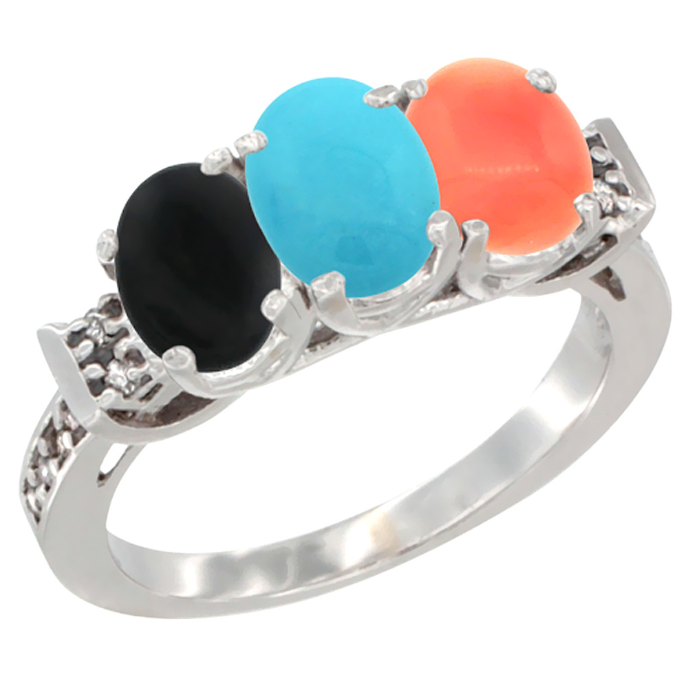 10K White Gold Natural Black Onyx, Turquoise & Coral Ring 3-Stone Oval 7x5 mm Diamond Accent, sizes 5 - 10