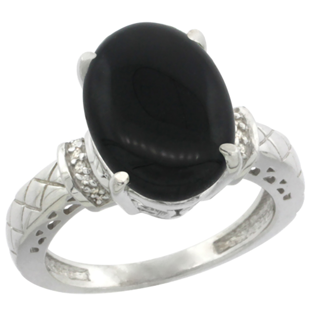 10K White Gold Diamond Natural Black Onyx Ring Oval 14x10mm, sizes 5-10