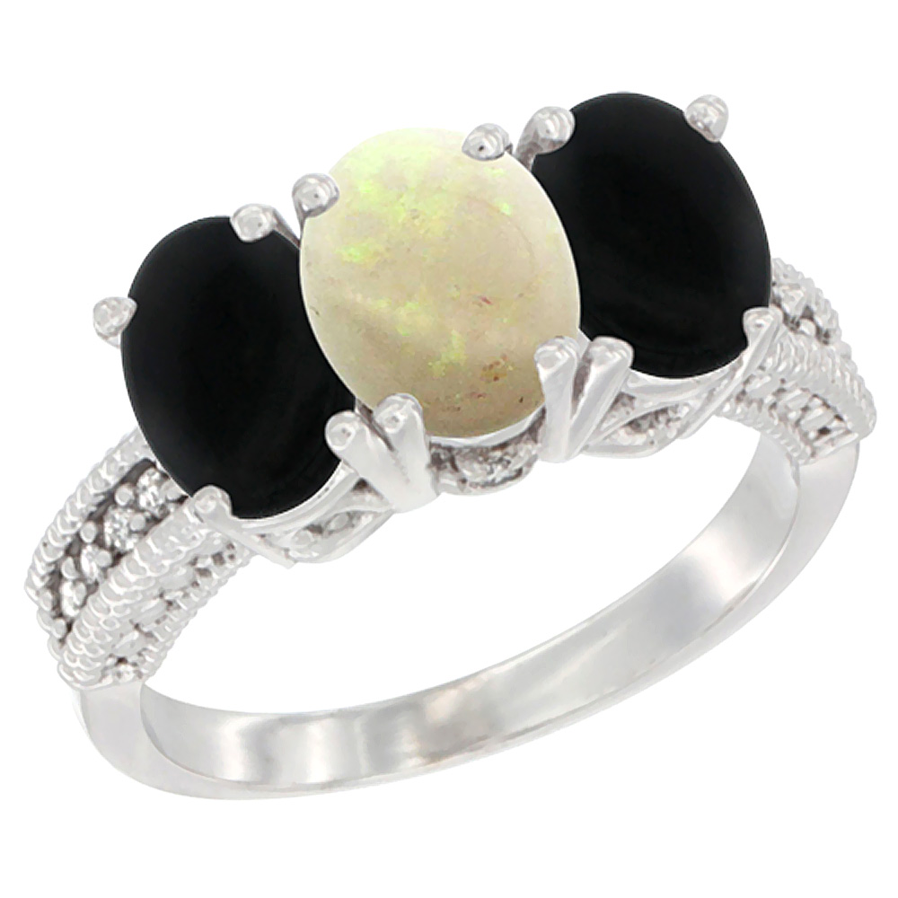 14K White Gold Natural Opal &amp; Black Onyx Sides Ring 3-Stone 7x5 mm Oval Diamond Accent, sizes 5 - 10