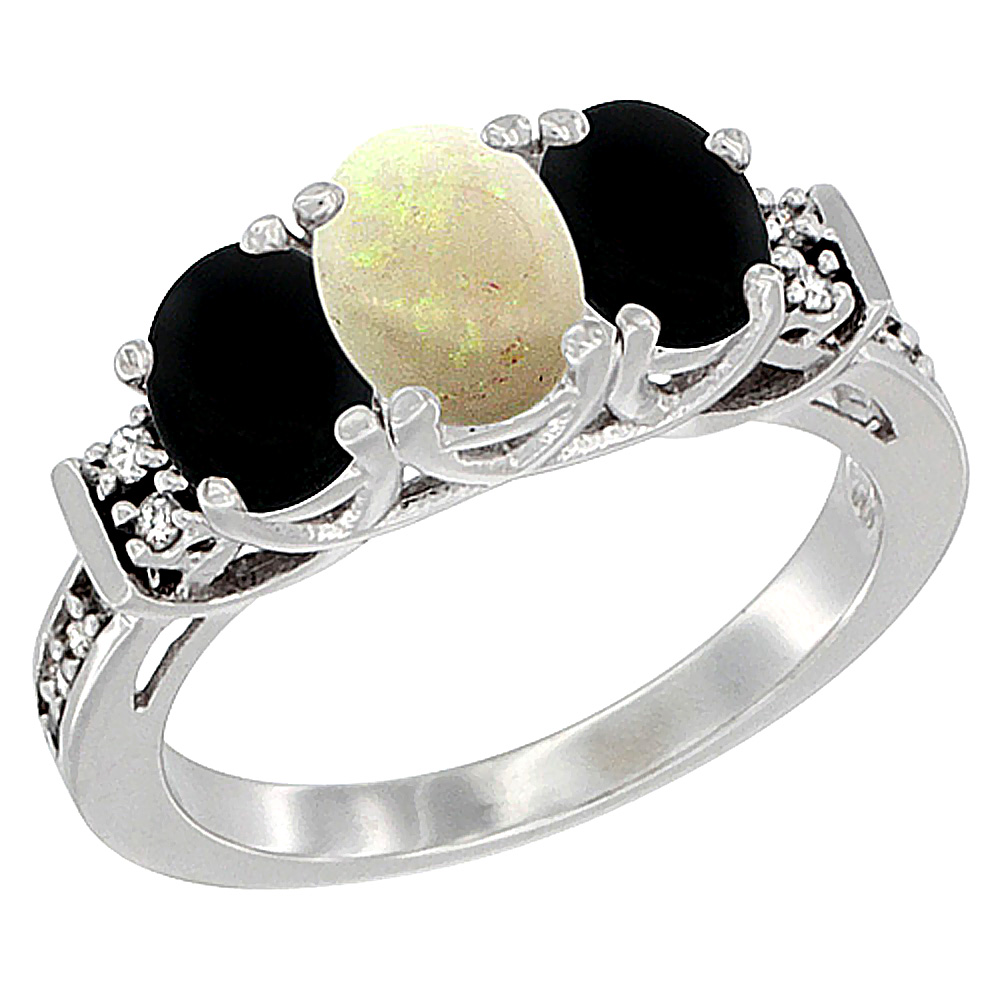14K White Gold Natural Opal &amp; Black Onyx Ring 3-Stone Oval Diamond Accent, sizes 5-10
