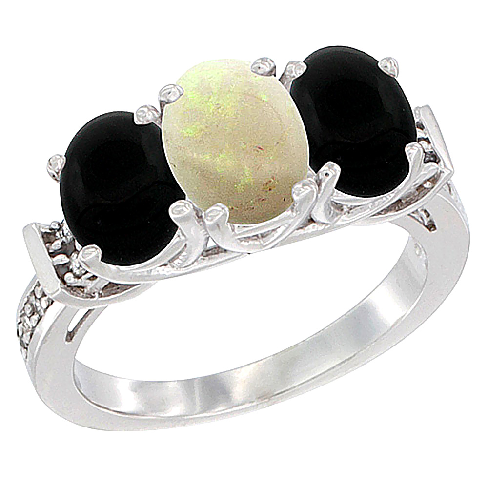 10K White Gold Natural Opal & Black Onyx Sides Ring 3-Stone Oval Diamond Accent, sizes 5 - 10