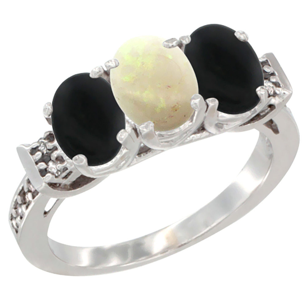 14K White Gold Natural Opal &amp; Black Onyx Sides Ring 3-Stone Oval 7x5 mm Diamond Accent, sizes 5 - 10