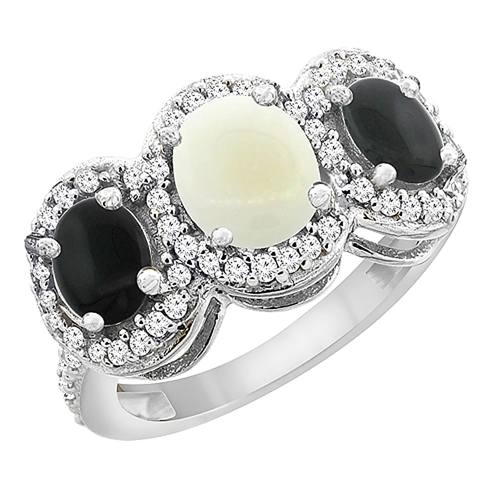 10K White Gold Natural Opal &amp; Black Onyx 3-Stone Ring Oval Diamond Accent, sizes 5 - 10