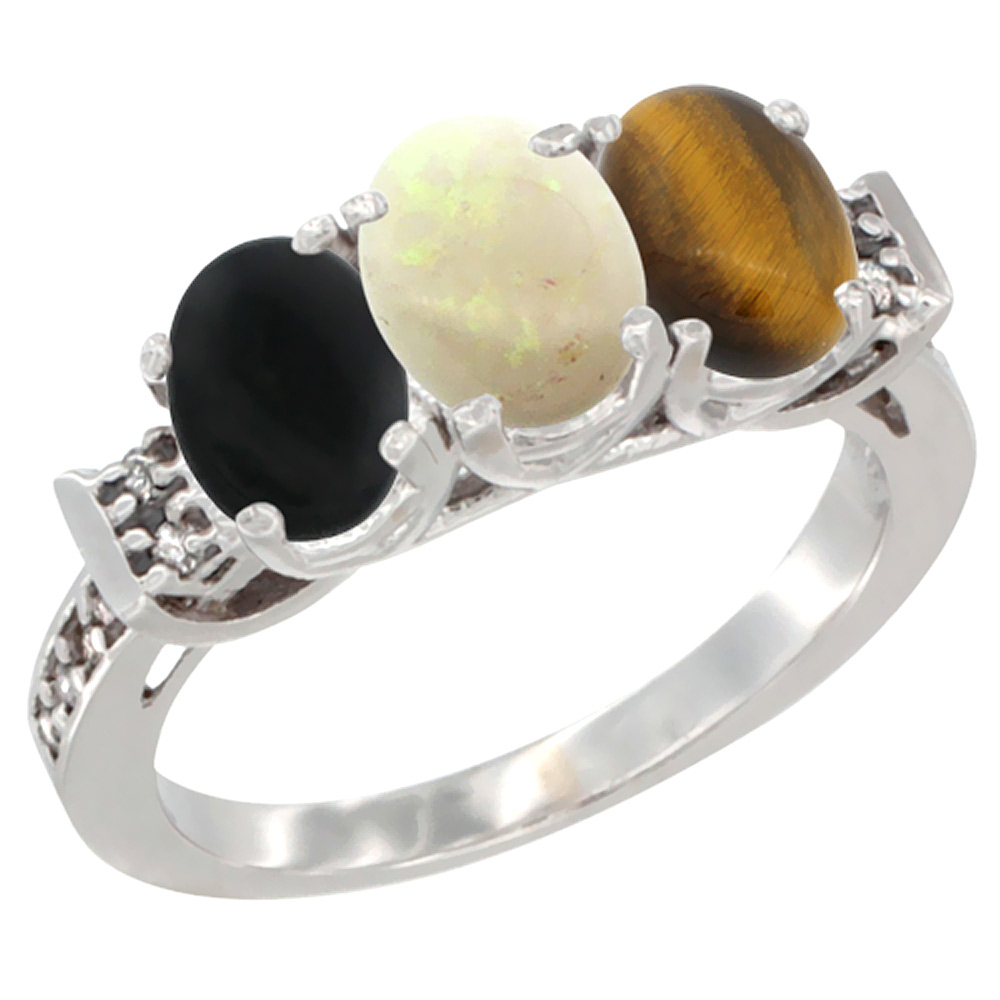 10K White Gold Natural Black Onyx, Opal &amp; Tiger Eye Ring 3-Stone Oval 7x5 mm Diamond Accent, sizes 5 - 10