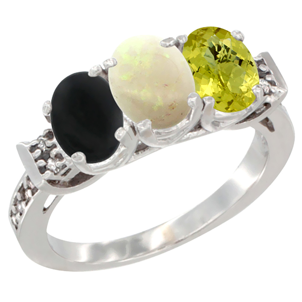 14K White Gold Natural Black Onyx, Opal &amp; Lemon Quartz Ring 3-Stone Oval 7x5 mm Diamond Accent, sizes 5 - 10