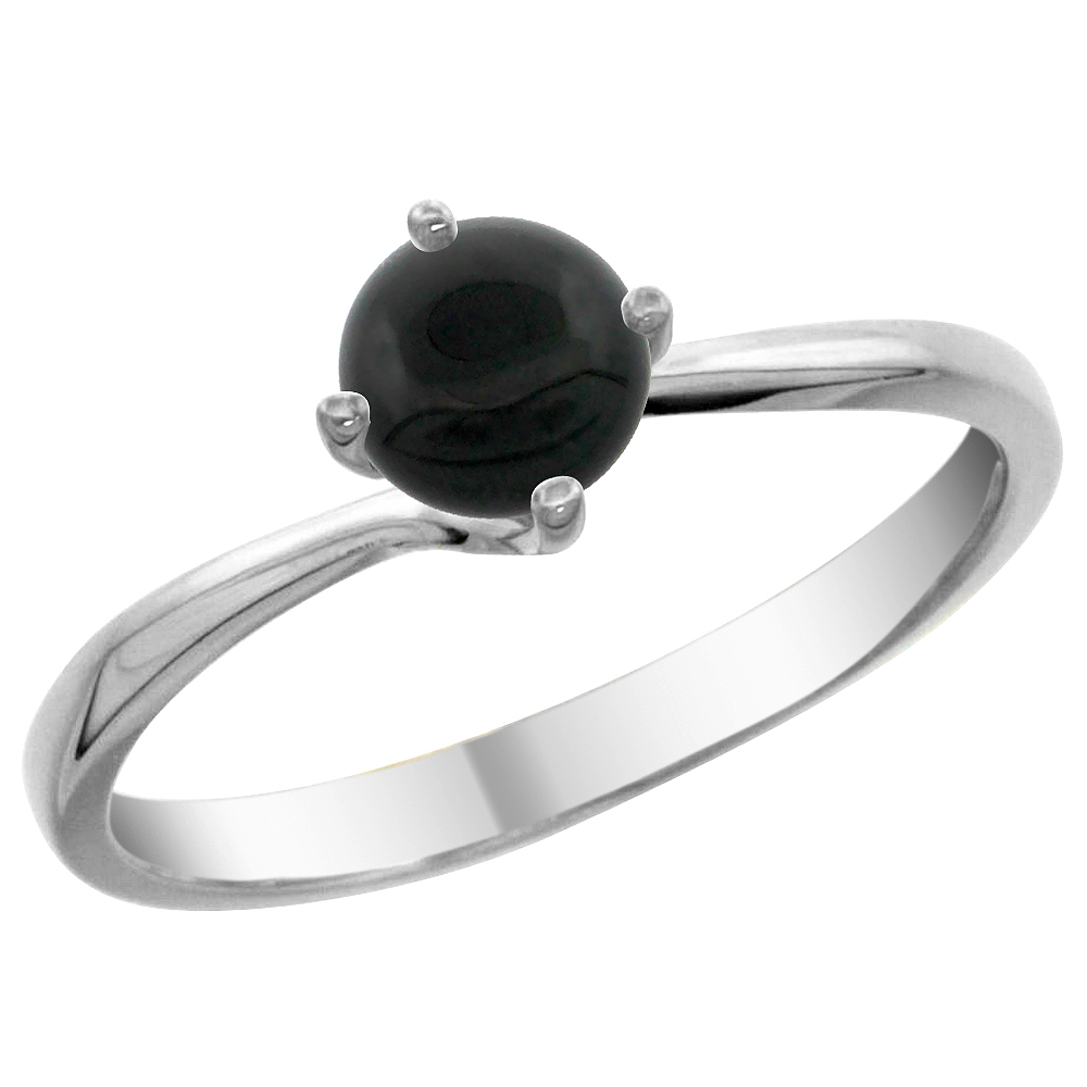 14K White Gold Natural Black Onyx Solitaire Ring Round 6mm, sizes 5 - 10