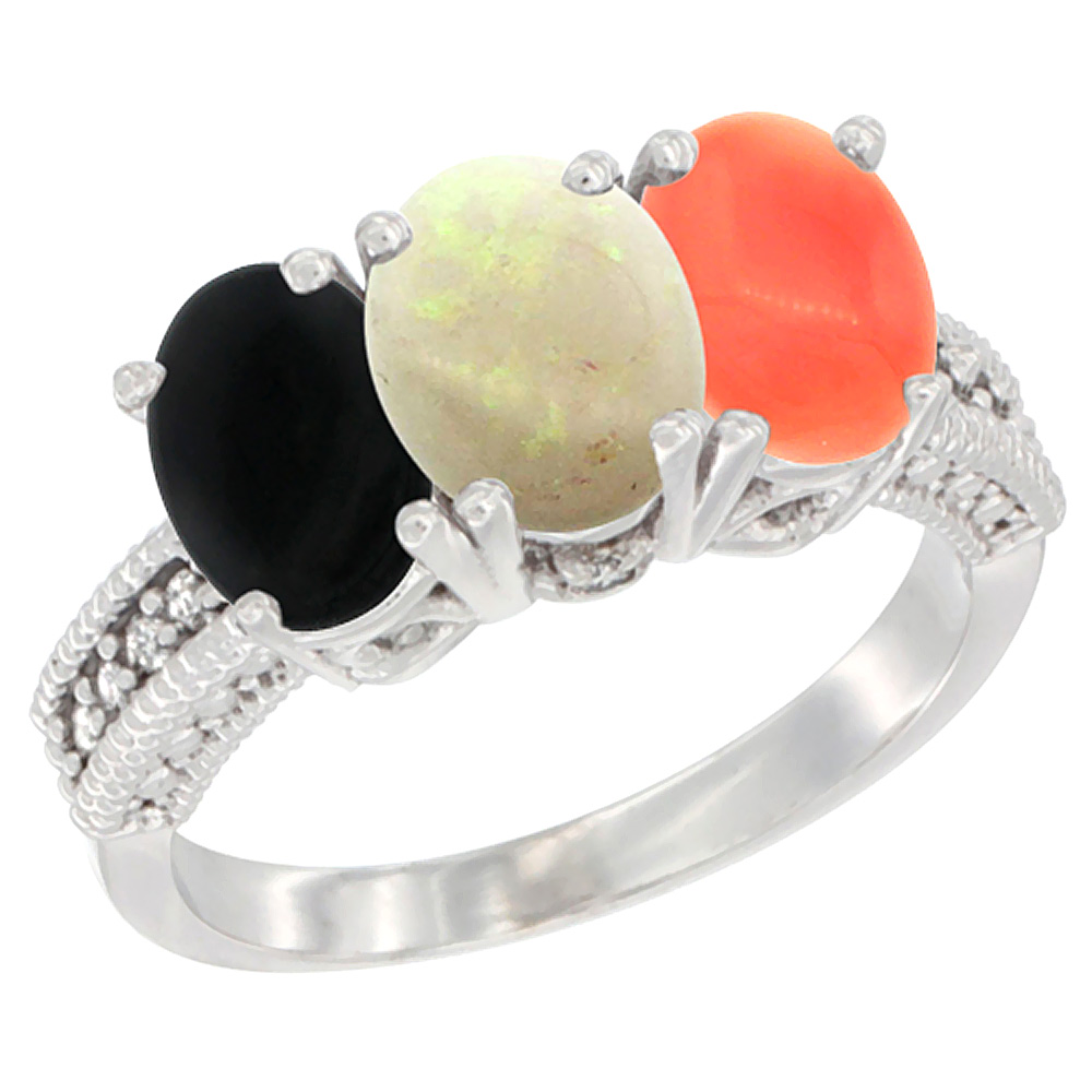 10K White Gold Diamond Natural Black Onyx, Opal &amp; Coral Ring 3-Stone 7x5 mm Oval, sizes 5 - 10