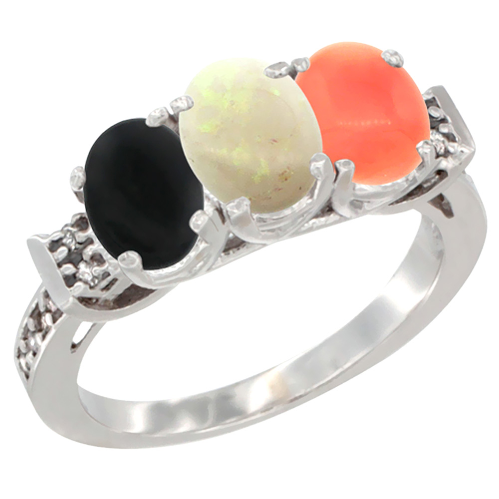 14K White Gold Natural Black Onyx, Opal &amp; Coral Ring 3-Stone Oval 7x5 mm Diamond Accent, sizes 5 - 10