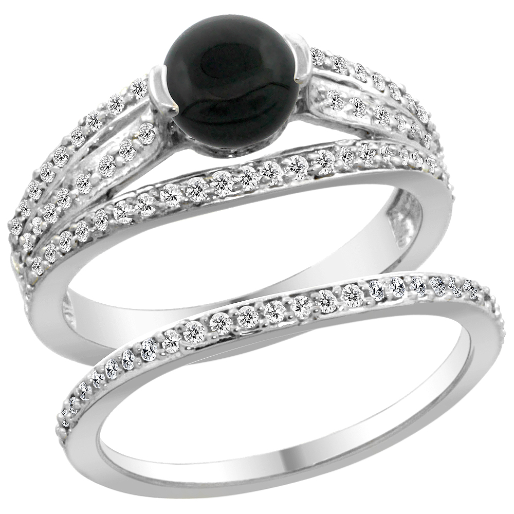 14K White Gold Natural Black Onyx 2-piece Engagement Ring Set Round 6mm, sizes 5 - 10