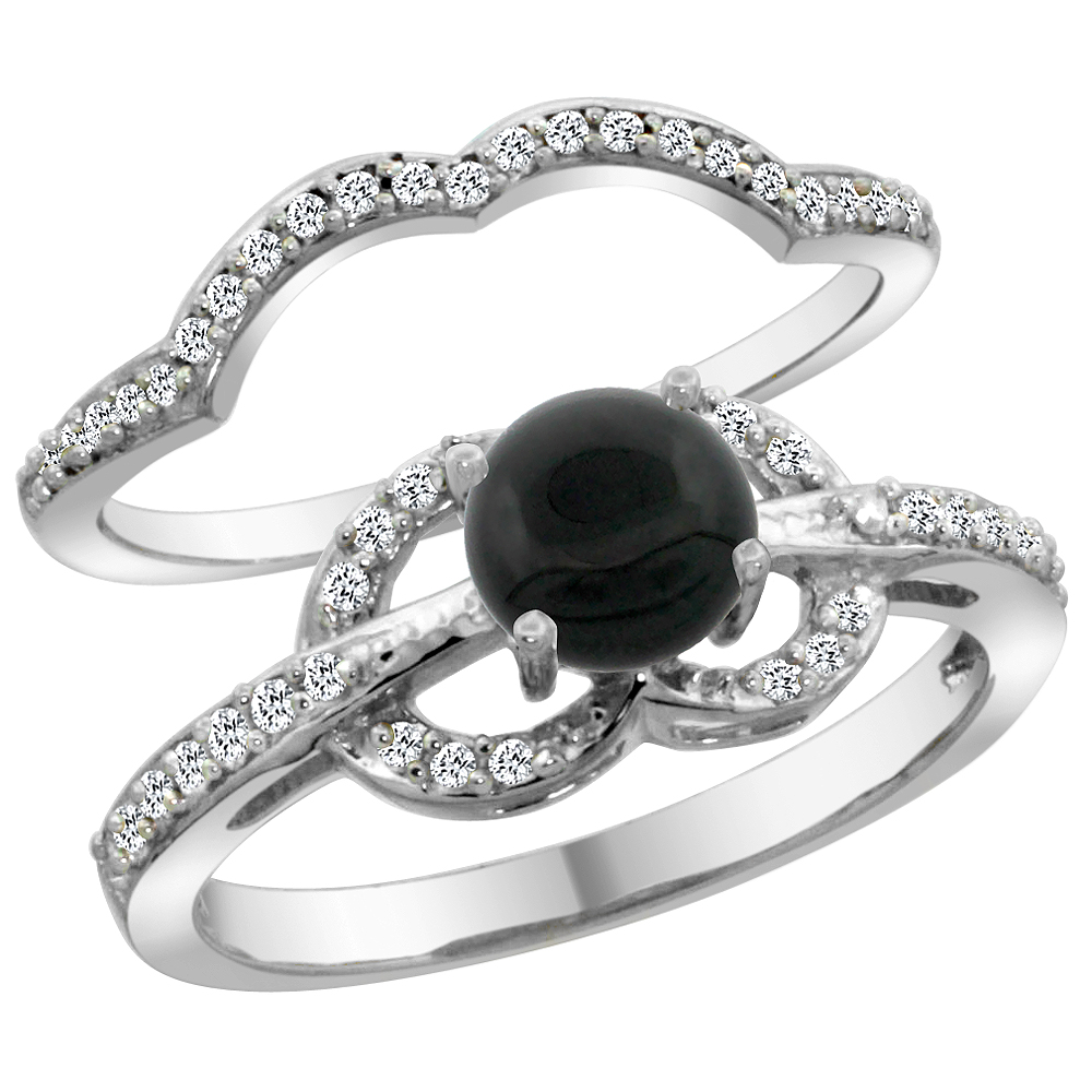 14K White Gold Natural Black Onyx 2-piece Engagement Ring Set Round 6mm, sizes 5 - 10