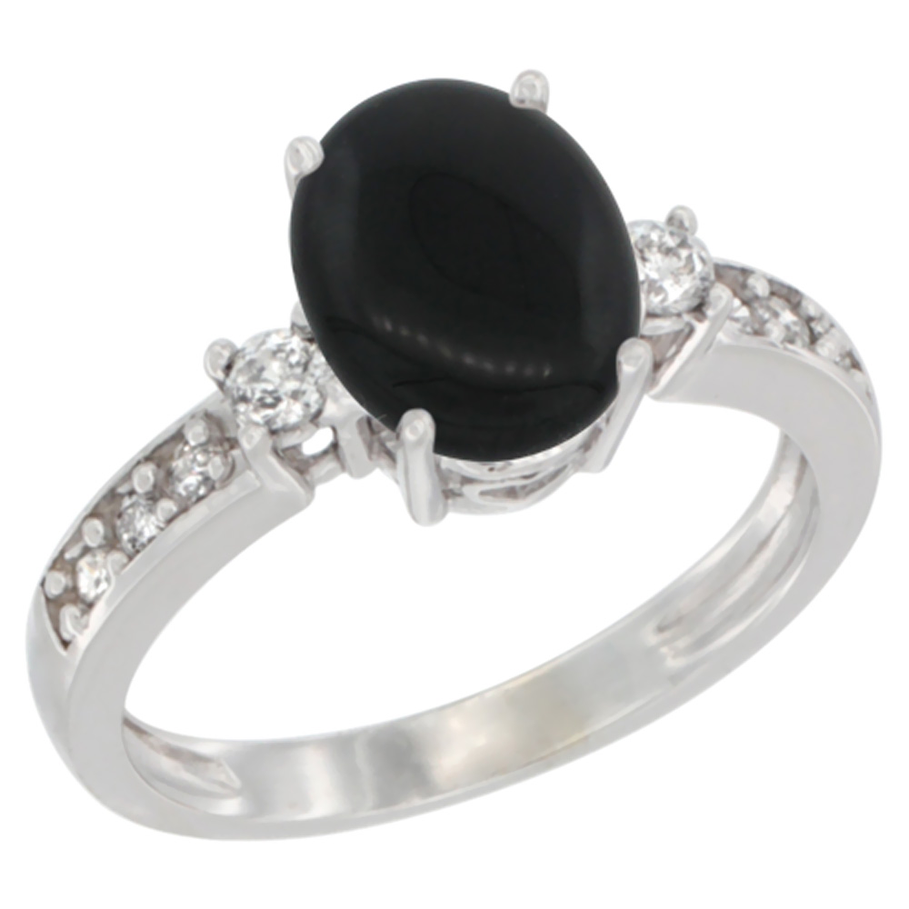 10K White Gold Natural Black Onyx Ring Oval 9x7 mm Diamond Accent, sizes 5 - 10