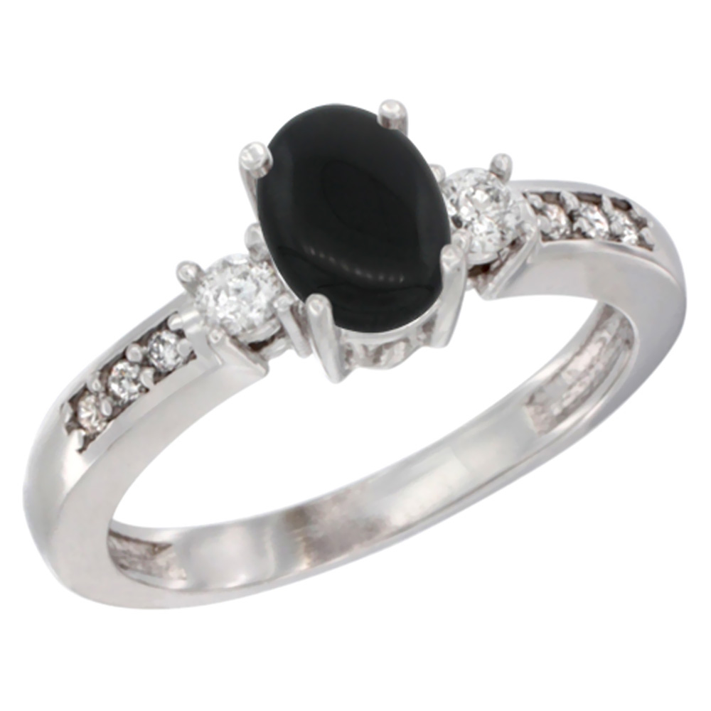 10K White Gold Diamond Natural Black Onyx Engagement Ring Oval 7x5 mm, sizes 5 - 10