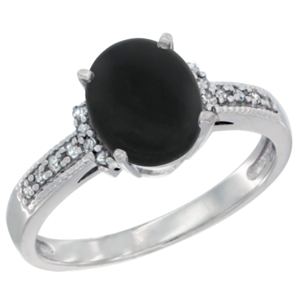 14K YELLOW GOLD NATURAL BLACK ONYX RING OVAL 9X7 MM DIAMOND ACCENT, SIZES 5 - 10