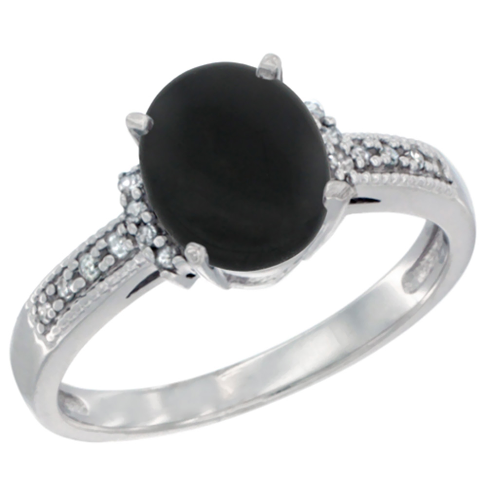 14K Yellow Gold Natural Black Onyx Ring Oval 9x7 mm Diamond Accent, sizes 5 - 10