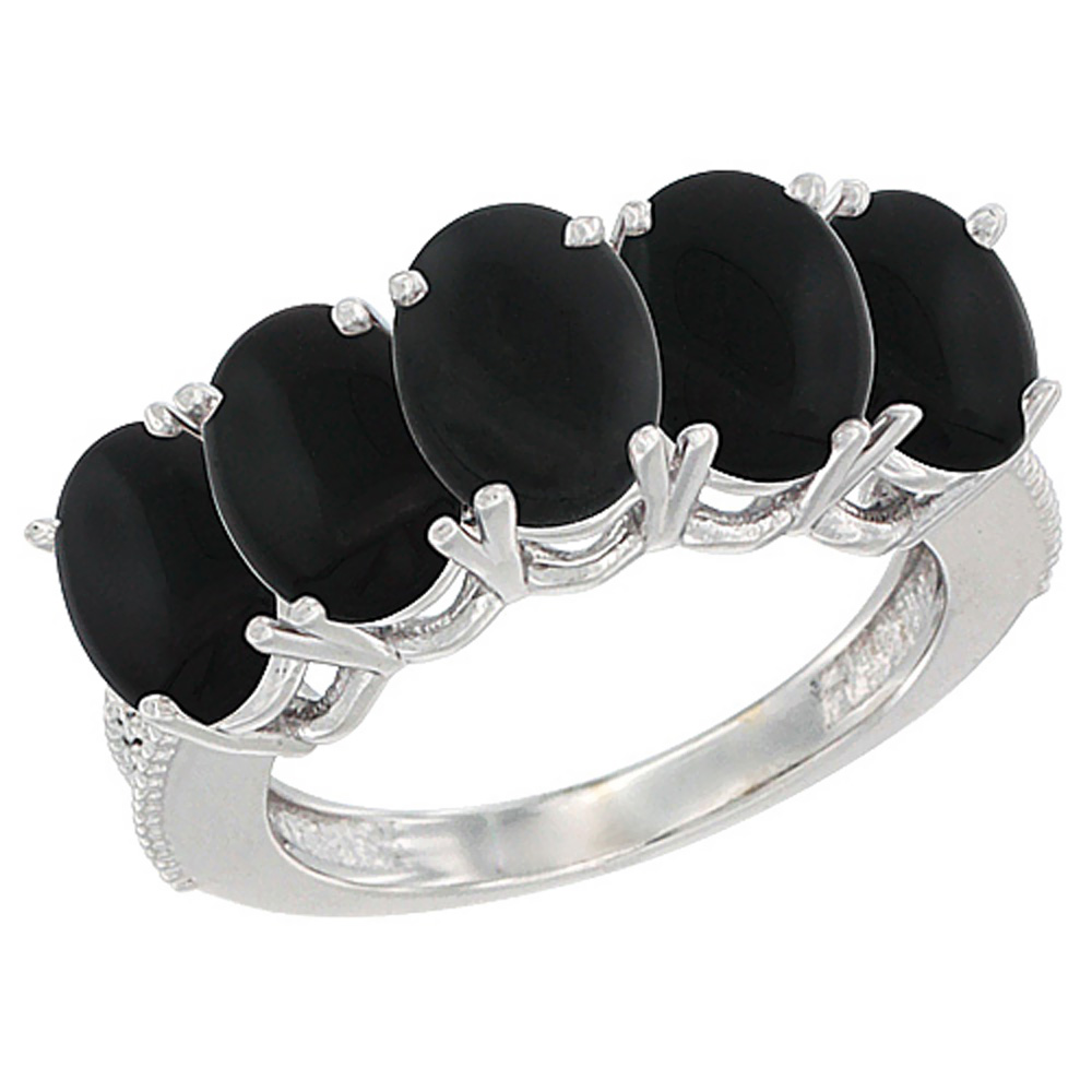 14K White Gold Natural Black Onyx 0.75 ct. Oval 7x5mm 5-Stone Mother's Ring with Diamond Accents, sizes 5 to 10 with half sizes