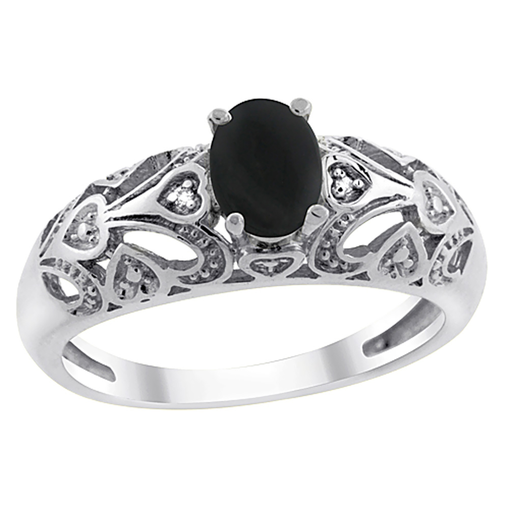 10K White Gold Natural Black Onyx Ring Oval 6x4 mm Diamond Accent, sizes 5 - 10