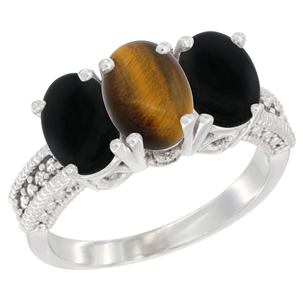 10K White Gold Diamond Natural Tiger Eye &amp; Black Onyx Ring 3-Stone 7x5 mm Oval, sizes 5 - 10