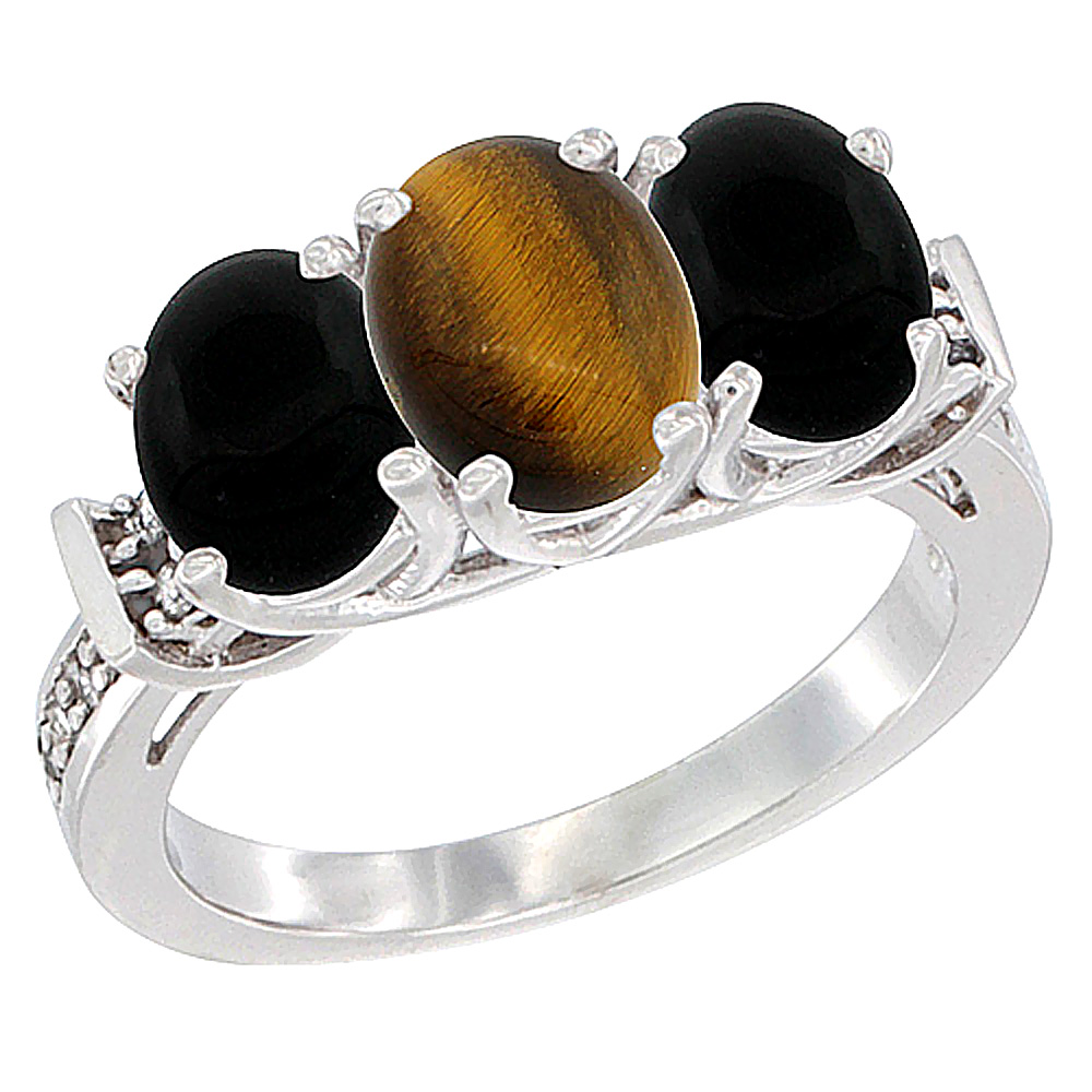 10K White Gold Natural Tiger Eye & Black Onyx Sides Ring 3-Stone Oval Diamond Accent, sizes 5 - 10