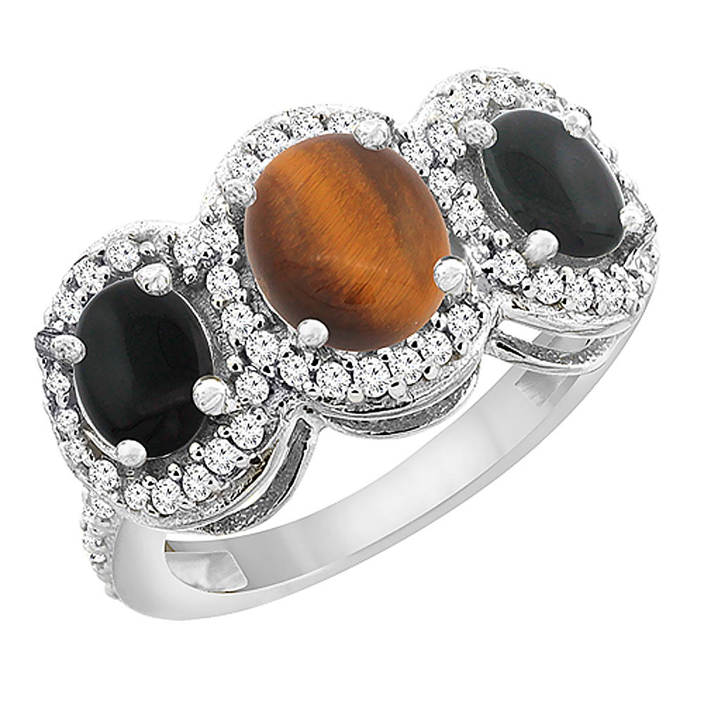 14K White Gold Natural Tiger Eye &amp; Black Onyx 3-Stone Ring Oval Diamond Accent, sizes 5 - 10