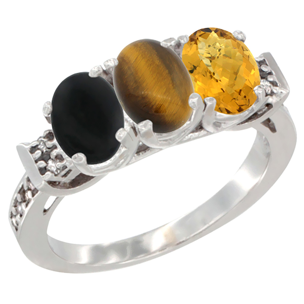 14K White Gold Natural Black Onyx, Tiger Eye &amp; Whisky Quartz Ring 3-Stone Oval 7x5 mm Diamond Accent, sizes 5 - 10