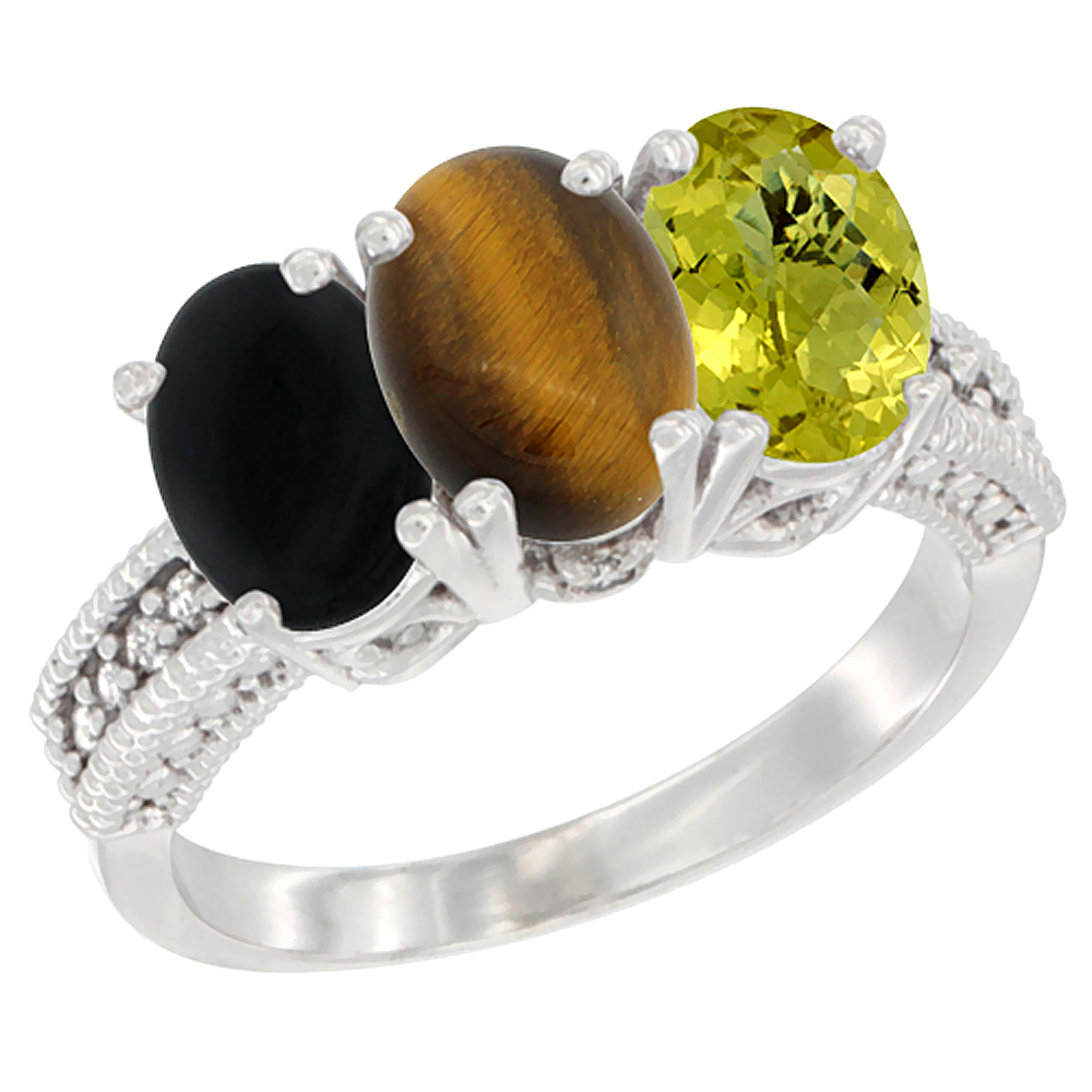 14K White Gold Natural Black Onyx, Tiger Eye &amp; Lemon Quartz Ring 3-Stone 7x5 mm Oval Diamond Accent, sizes 5 - 10