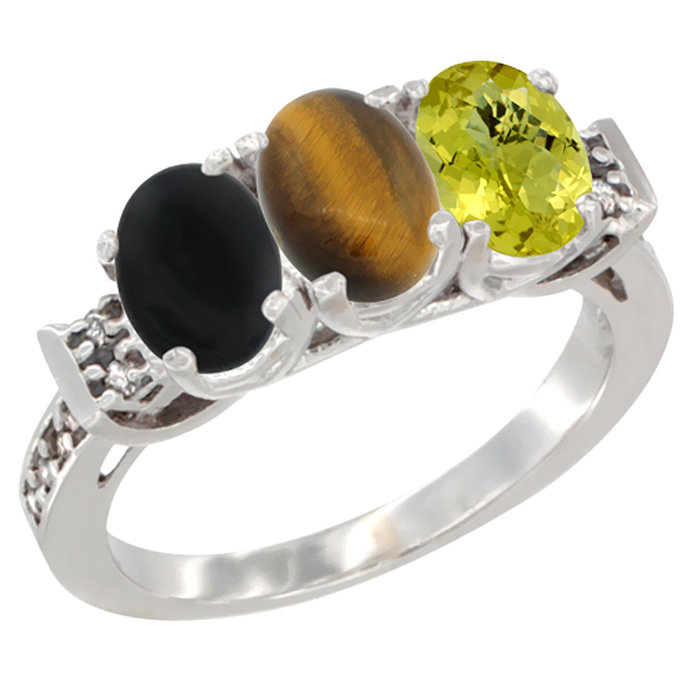 10K White Gold Natural Black Onyx, Tiger Eye & Lemon Quartz Ring 3-Stone Oval 7x5 mm Diamond Accent, sizes 5 - 10