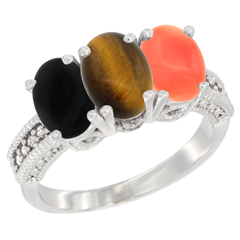14K White Gold Natural Black Onyx, Tiger Eye & Coral Ring 3-Stone 7x5 mm Oval Diamond Accent, sizes 5 - 10