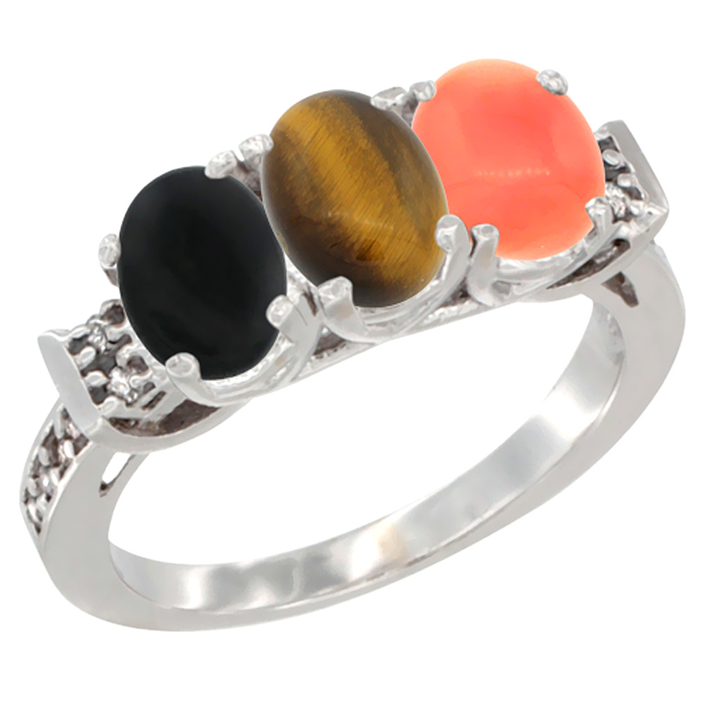 10K White Gold Natural Black Onyx, Tiger Eye & Coral Ring 3-Stone Oval 7x5 mm Diamond Accent, sizes 5 - 10