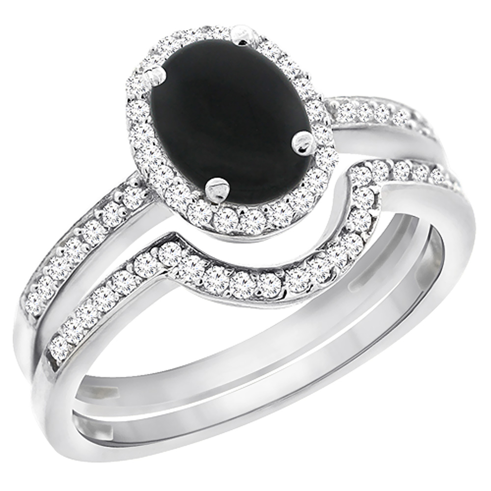 14K White Gold Diamond Natural Black Onyx 2-Pc. Engagement Ring Set Oval 8x6 mm, sizes 5 - 10