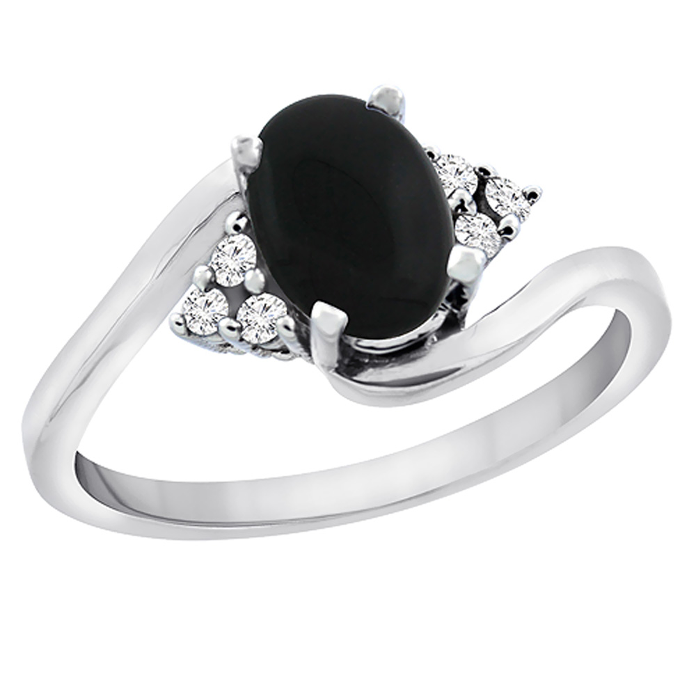 14K White Gold Diamond Natural Black Onyx Engagement Ring Oval 7x5mm, sizes 5 - 10