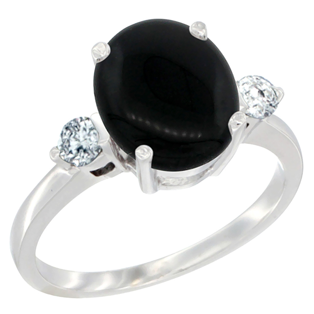 14K White Gold 10x8mm Oval Natural Black Onyx Ring for Women Diamond Side-stones sizes 5 - 10