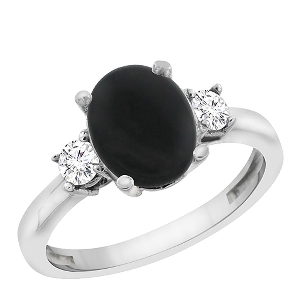14K White Gold Natural Black Onyx Engagement Ring Oval 10x8 mm Diamond Sides, sizes 5 - 10