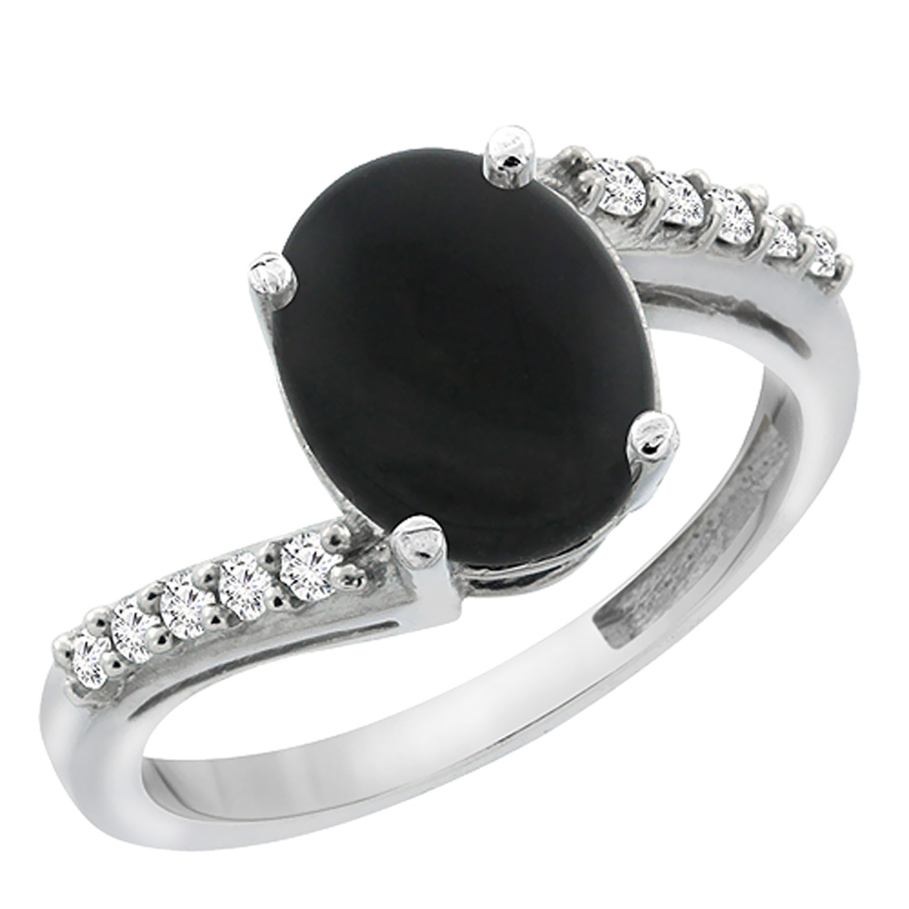 10K White Gold Diamond Natural Black Onyx Engagement Ring Oval 10x8mm, sizes 5-10