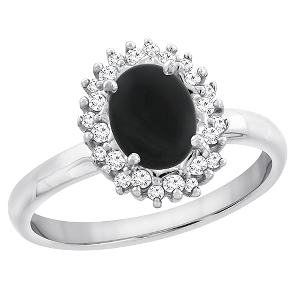 10K White Gold Diamond Natural Black Onyx Engagement Ring Oval 7x5mm, sizes 5 - 10
