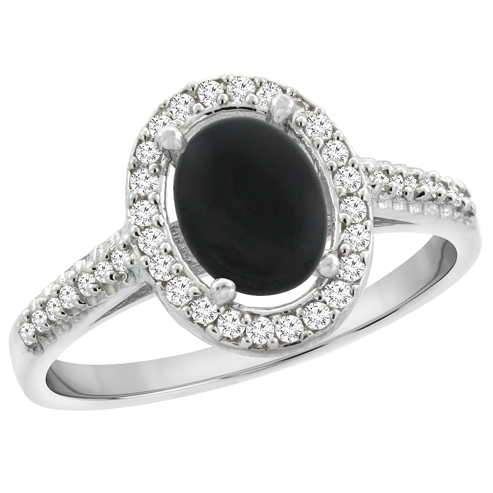 10K White Gold Natural Black Onyx Engagement Ring Oval 7x5 mm Diamond Halo, sizes 5 - 10