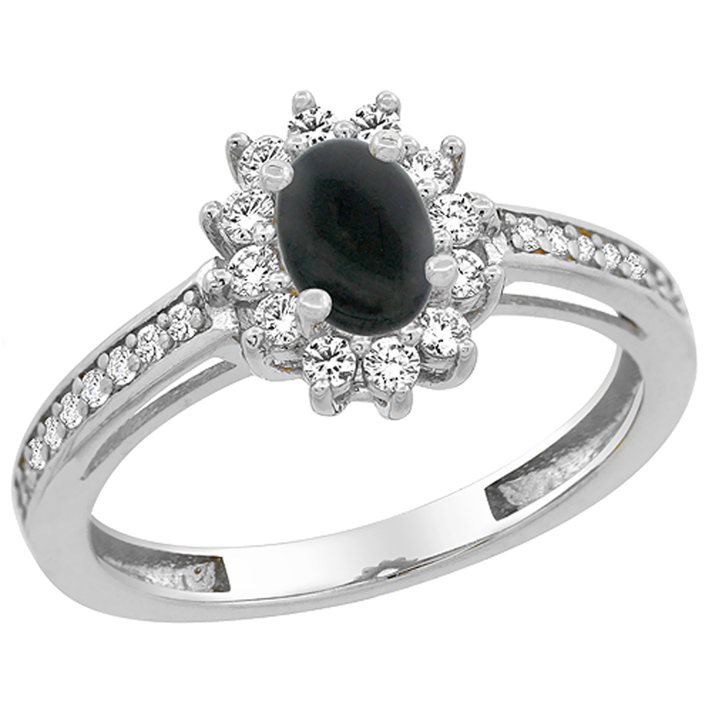10K White Gold Natural Black Onyx Flower Halo Ring Oval 6x4 mm Diamond Accents, sizes 5 - 10