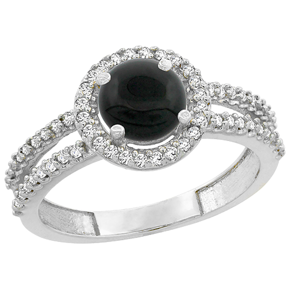 10K White Gold Natural Black Onyx Diamond Halo Ring Round 6mm, sizes 5 - 10