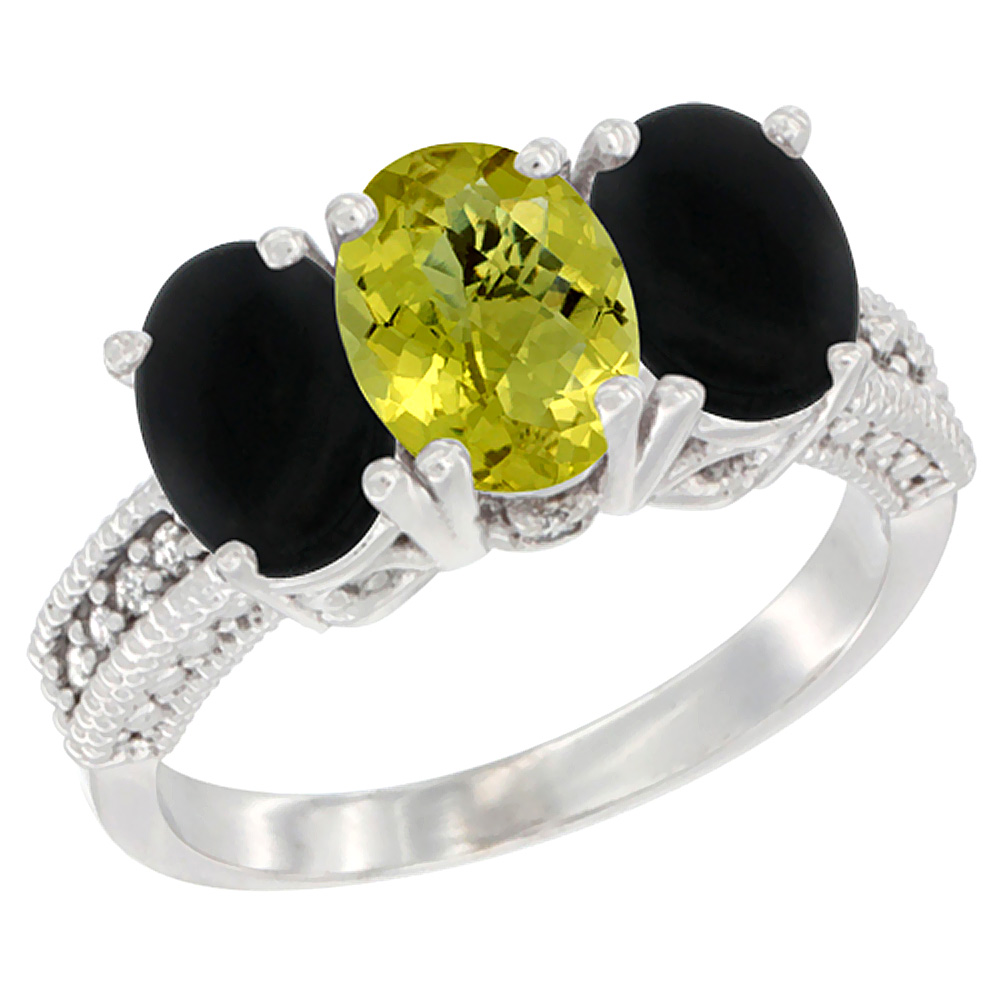14K White Gold Natural Lemon Quartz &amp; Black Onyx Sides Ring 3-Stone 7x5 mm Oval Diamond Accent, sizes 5 - 10