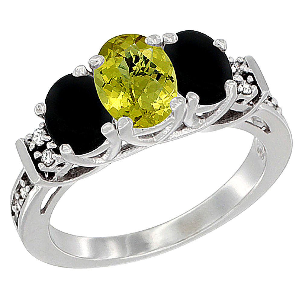14K White Gold Natural Lemon Quartz &amp; Black Onyx Ring 3-Stone Oval Diamond Accent, sizes 5-10