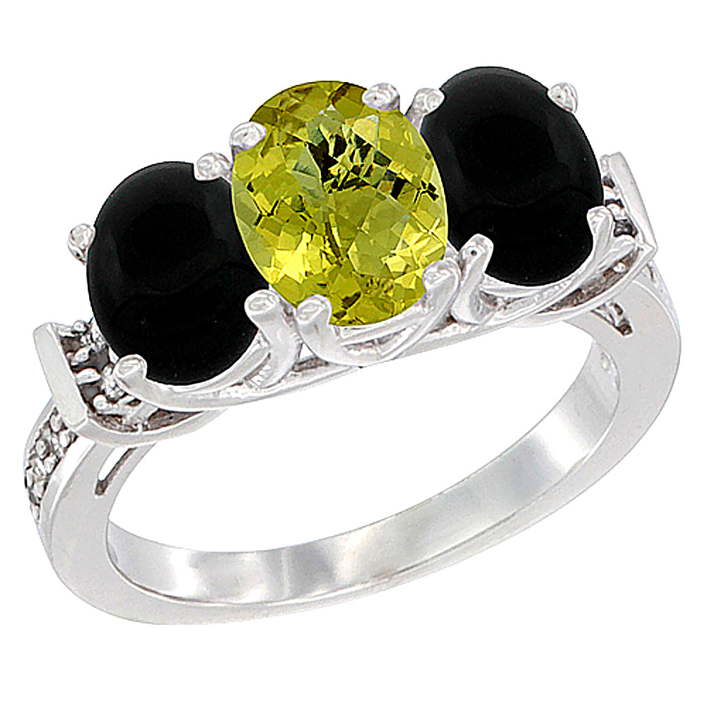 10K White Gold Natural Lemon Quartz & Black Onyx Sides Ring 3-Stone Oval Diamond Accent, sizes 5 - 10