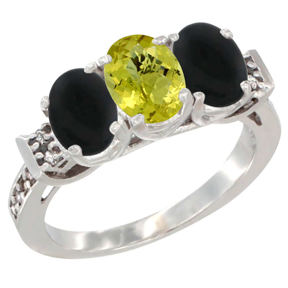 14K White Gold Natural Lemon Quartz &amp; Black Onyx Sides Ring 3-Stone Oval 7x5 mm Diamond Accent, sizes 5 - 10
