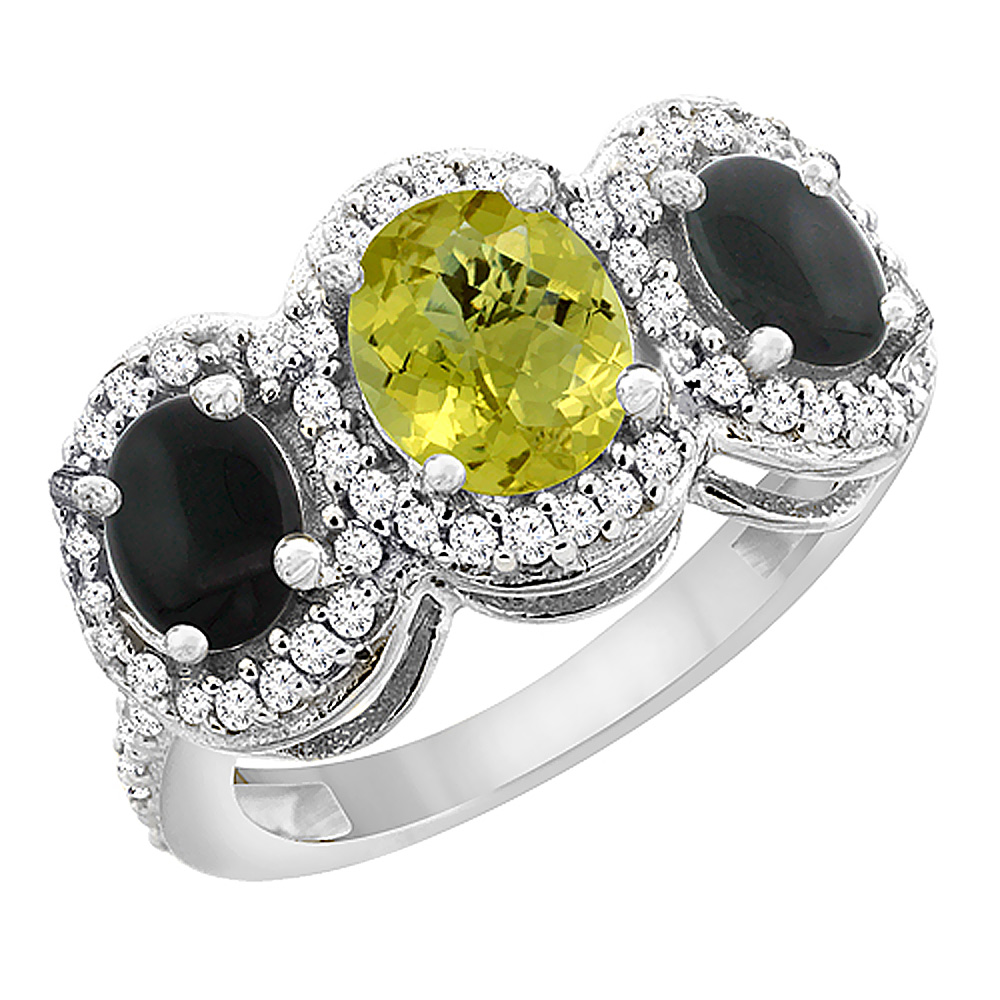 10K White Gold Natural Lemon Quartz &amp; Black Onyx 3-Stone Ring Oval Diamond Accent, sizes 5 - 10