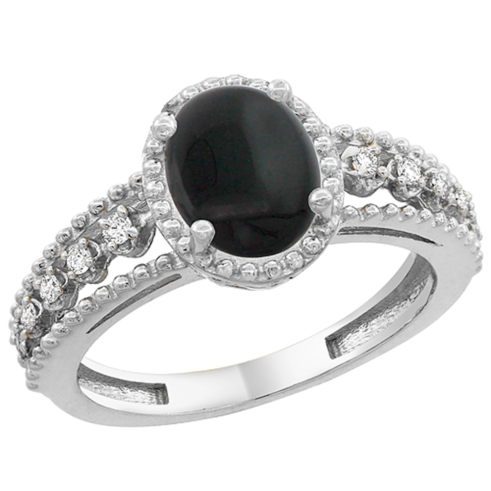 14K White Gold Natural Black Onyx Ring Oval 9x7 mm Floating Diamond Accents, sizes 5 - 10