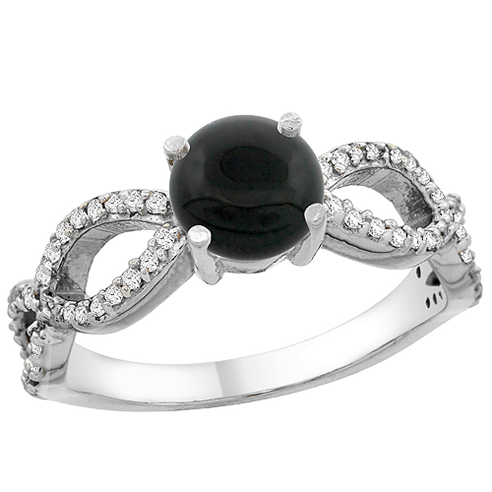 14K White Gold Natural Black Onyx Ring Round 6mm Infinity Diamond Accents, sizes 5 - 10