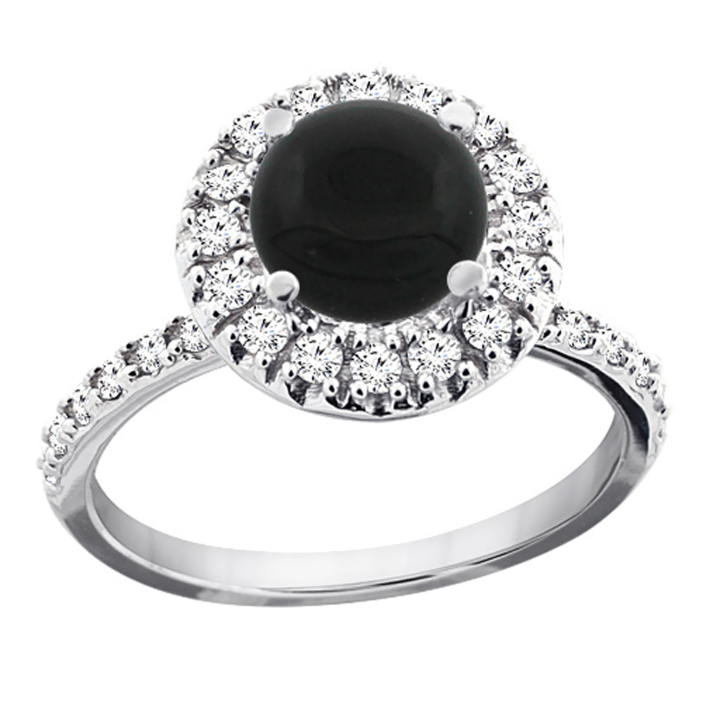10K White Gold Natural Black Onyx Ring Round 8mm Floating Halo Diamond, sizes 5 - 10