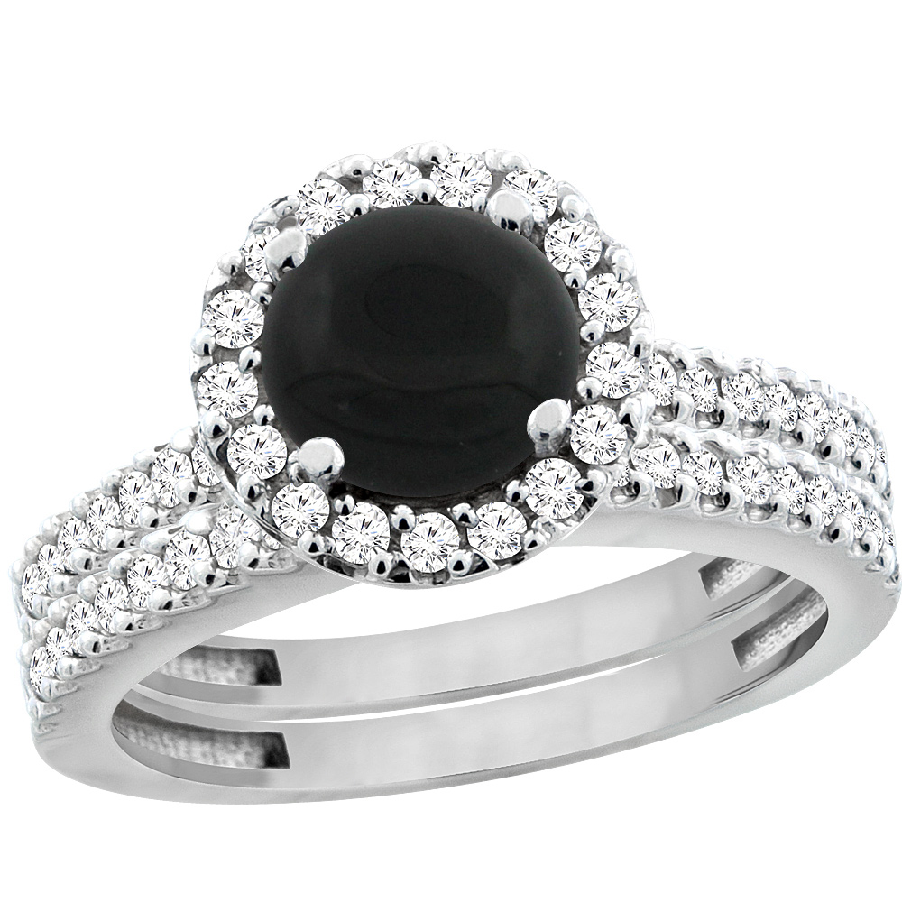 14K White Gold Natural Black Onyx Round 6mm 2-Piece Engagement Ring Set Floating Halo Diamond, sizes 5 - 10