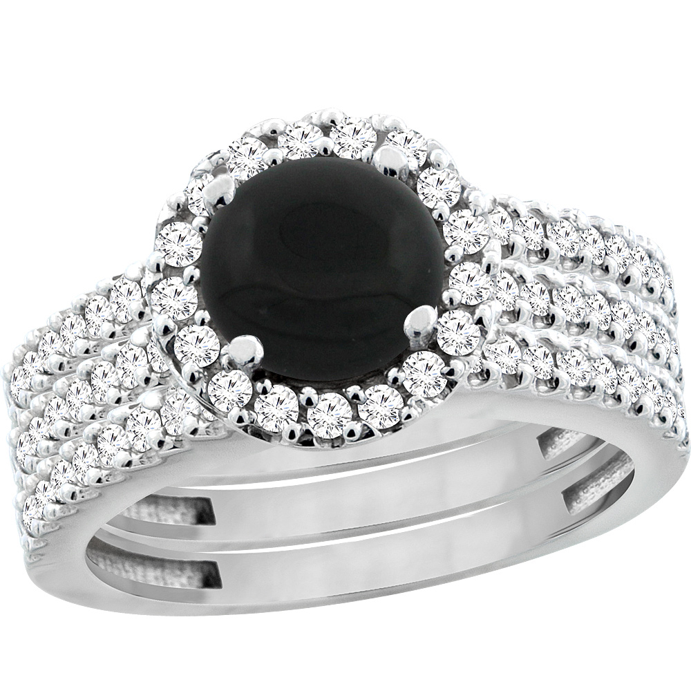 10K White Gold Natural Black Onyx 3-Piece Bridal Ring Set Round 6mm Halo Diamond, sizes 5 - 10
