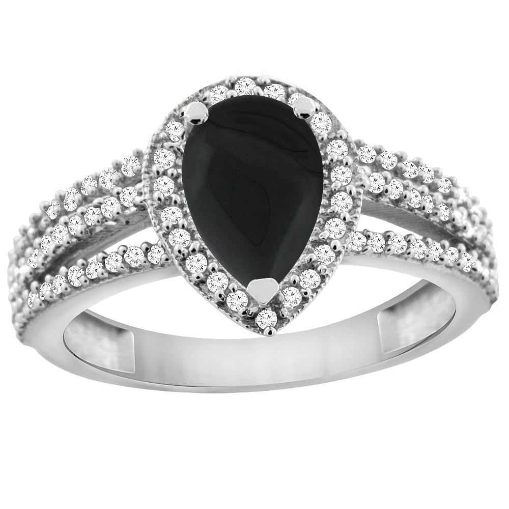 10K White Gold Natural Black Onyx Ring 9x7 Pear Halo Diamond, sizes 5 - 10