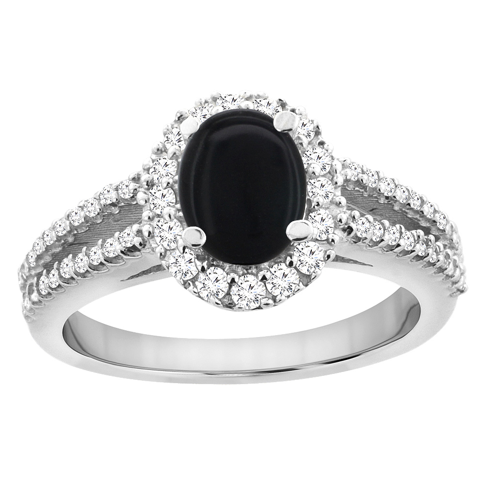 14K White Gold Natural Black Onyx Split Shank Halo Engagement Ring Oval 7x5 mm, sizes 5 - 10